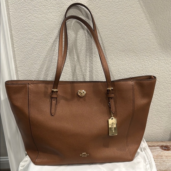 Coach Handbags - Coach Brown Leather Turn Lock Top Zip Tote